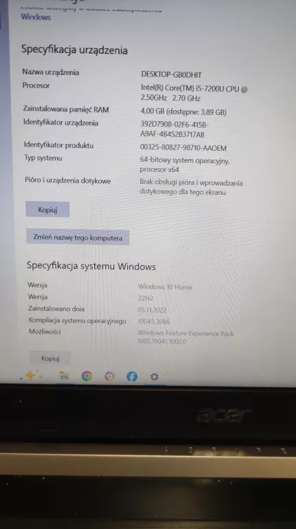 LAPTOP ACER ASPIRE 5 1TB I5 4GB WIN 10 + ZASILACZ