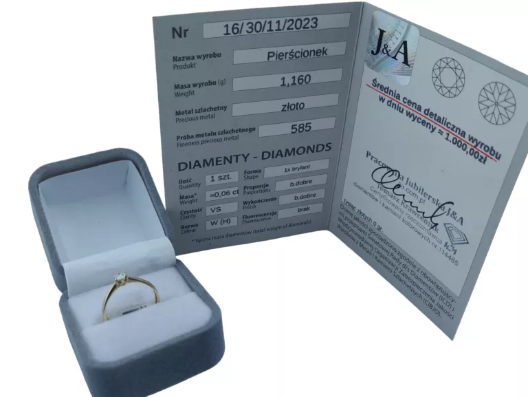 BOSKI ZŁOTY PIERŚCIONEK PR. 585 DIAMENT WYCENA