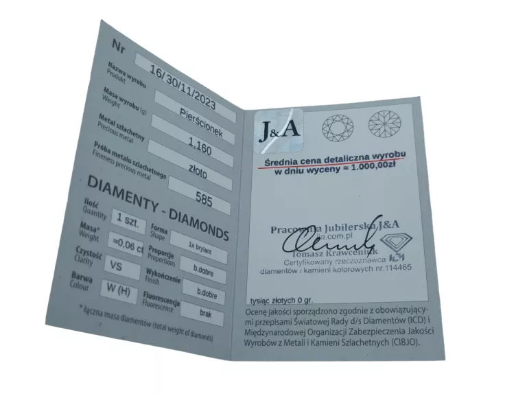 BOSKI ZŁOTY PIERŚCIONEK PR. 585 DIAMENT WYCENA