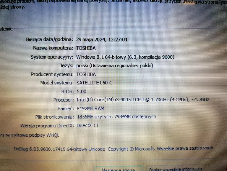 LAPTOP TOSHIBA SATELLITE L50 ŁAD INTEL CORE I3-4005 /8GB/HDD 1TB/WIN 8.1