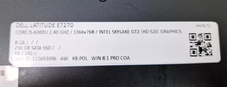 LAPTOP DELL LATITUDE E7270 I5-6300U 8 GB RAM 256 GB + ZASILACZ + TORBA