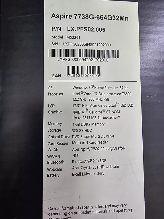LAPTOP ACER ASPIRE 7738G KPL