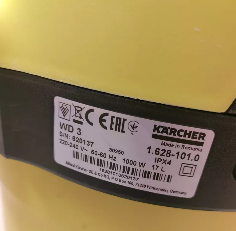 ODKURZACZ KARCHER WD3 BEZWORKOWY 1000W+RURA+KOŃCÓWKA