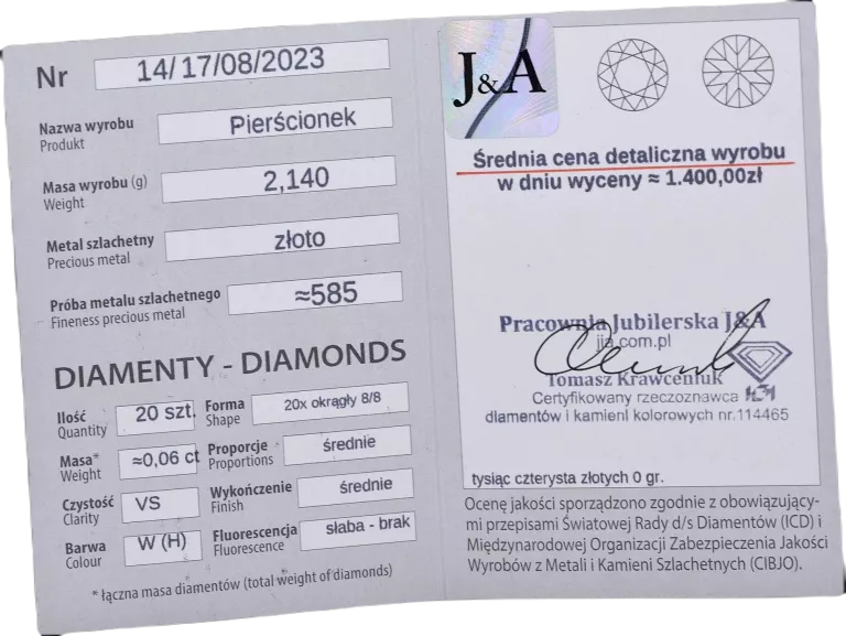 APART ELEGANCKI PIERŚCIONEK Z 20 DIAMENTAMI 0,06 CT VS/H ZŁOTO PR 585