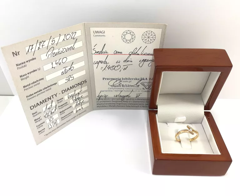 ZŁOTY PIERŚCIONEK 585 Z DIAMENTEM 0,06CT 2,46G ROZMIAR 16 CERTYFIKAT
