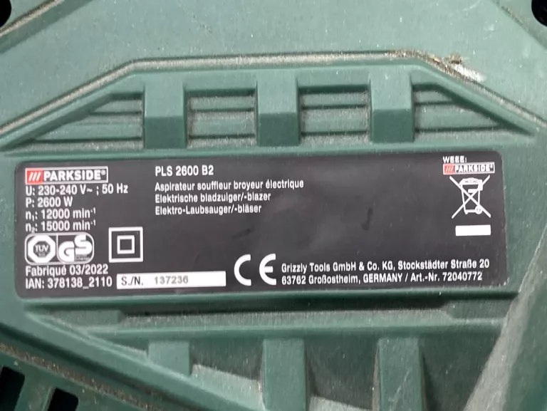 ELEKTRYCZNA DMUCHAWA ODKURZACZ DO LIŚCI PARKSIDE PLS 2600 B2 3 W 1