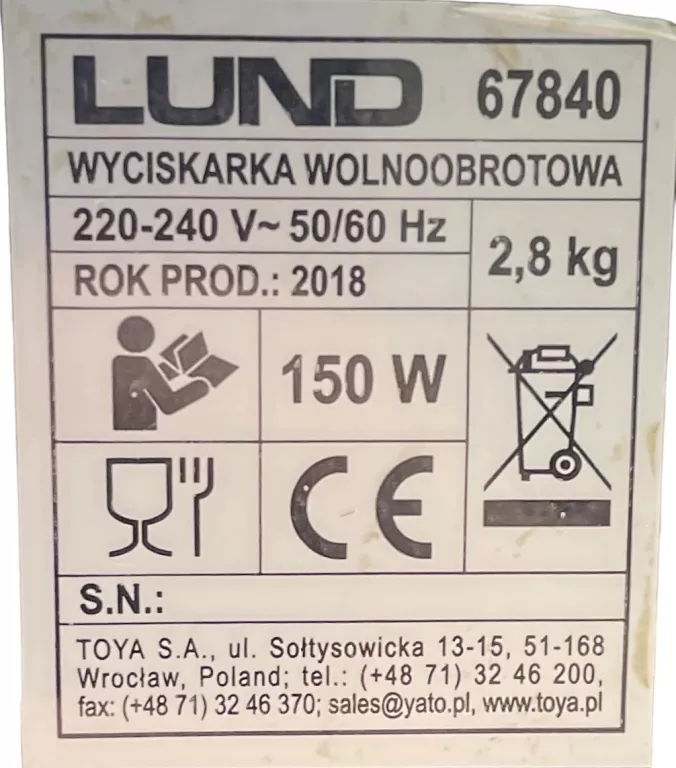 WYCISKARKA WOLNOOBROTOWA DO SOKÓW LUND 67840