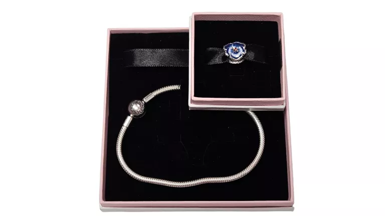 BRANSOLETKA PANDORA 925 15,59G 20CM + CHARMS BŁĘKITNY BRATEK