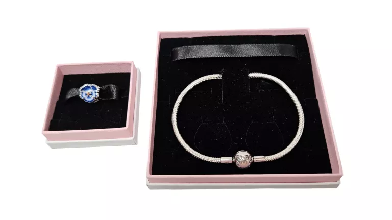 BRANSOLETKA PANDORA 925 15,59G 20CM + CHARMS BŁĘKITNY BRATEK