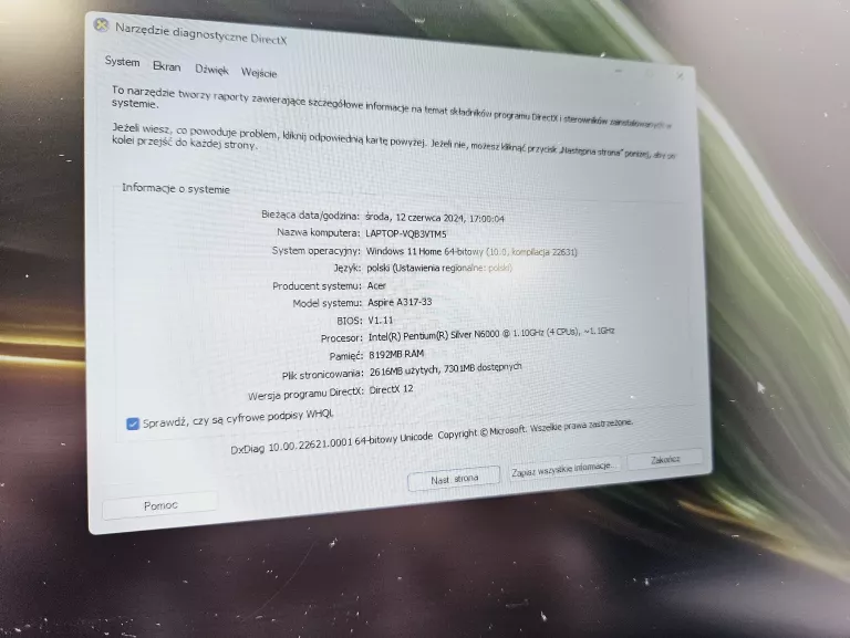 ACER ASPIRE 3 /INTEL PENTIUM SILVER N6000/ 8RAM/1000ROM/ŁADOWARKA