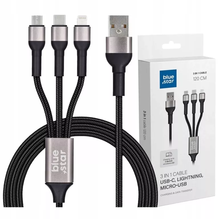 KABEL BLUE STAR Z OPLOTEM 3W1 ZE ZŁĄCZAMI MICRO USB, USB C I LIGHTNING 3A