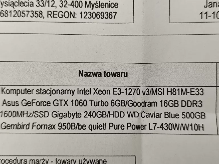KOMPUTER INTEL XEON E3-1270 GTX 1060 6GB/16GB