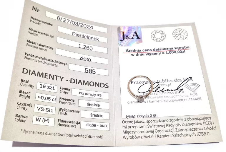 APART ZŁOTY PIERŚCIONEK ZARĘCZYNOWY Z DIAMENTAMI+CERTYFIKAT PR585 R10 1,26