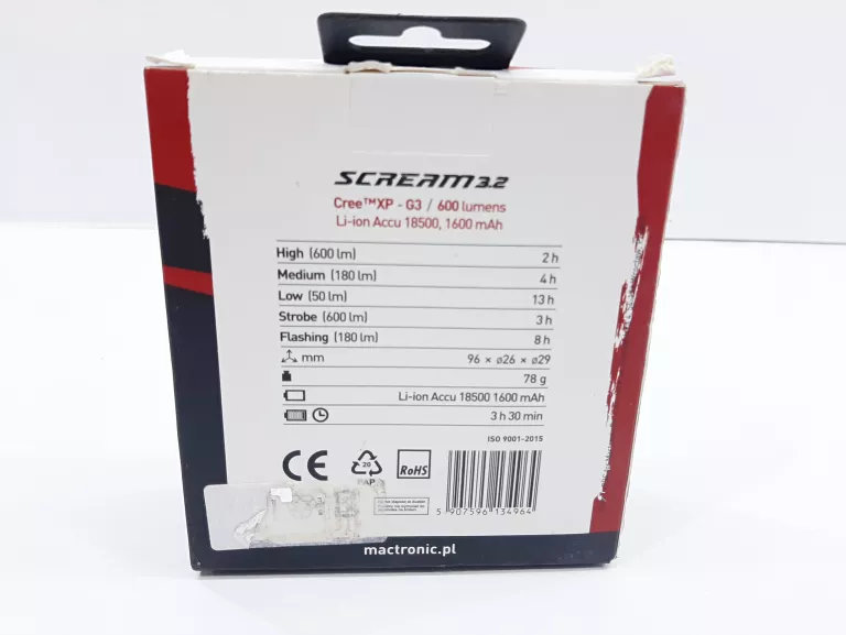 LATARKA ROWEROWA MACTRONIC SCREAM 3.2 AKUMULATOROWA 600 LM ABF0165