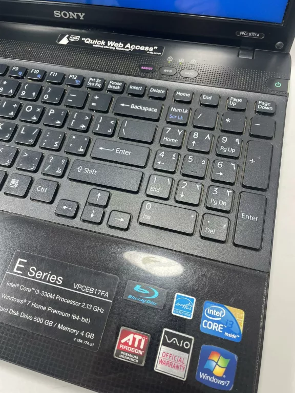 LAPTOP SONY VAIO E SERIES VPCEB17FA WIN10PRO 4/500GB HD I3-330M ZASILACZ