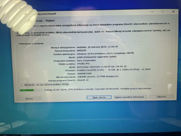 LAPTOP SONY VAIO E SERIES VPCEB17FA WIN10PRO 4/500GB HD I3-330M ZASILACZ