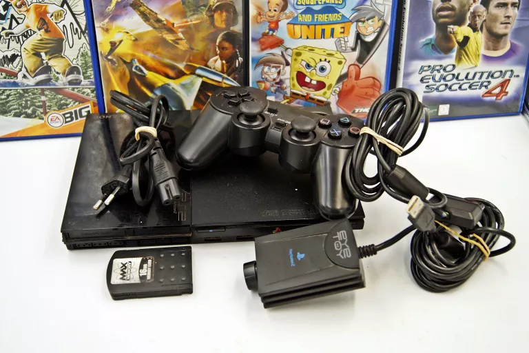 KONSOLA PLAYSTATION 2 + PAD+ KAMERKA EYE TOY + 4 GRY +KABEL + KARTA PAMIĘC