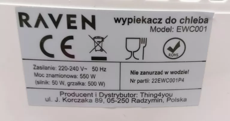 WYPIEKACZ DO CHLEBA RAVEN EWC001 KOMPLET