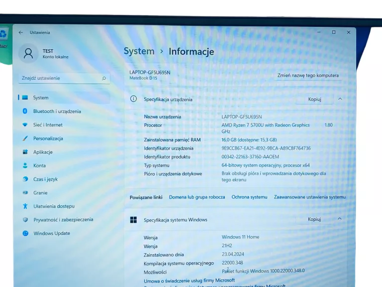 LAPTOP HUAWEI MATEBOOK D15 53013SKW 15,6 " AMD RYZEN 7 16 GB / 512 GB