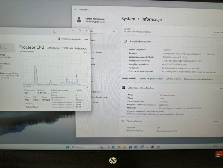 KOMPUTER HP AIO 23.8 RYZEN 3 5300U 8/512GB SSD WIN11 KLAWIATURA MYSZ