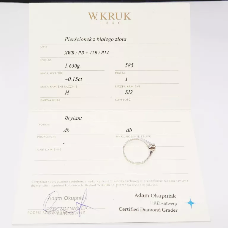 PIERŚCIONEK Z BIAŁEGO ZŁOTA W.KRUK XWR PN 12B DIAMENT 0.15CT