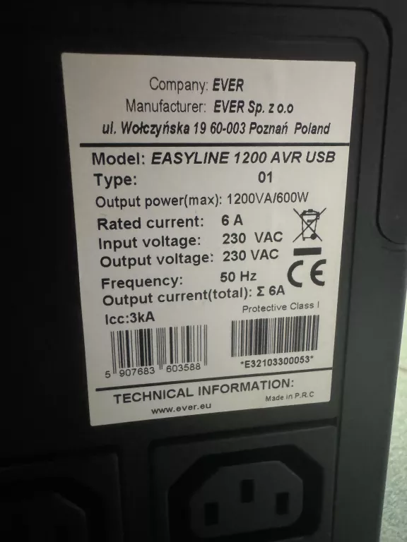 ZASILACZ UPS EASYLINE 1200 AVR USB KOMPLET