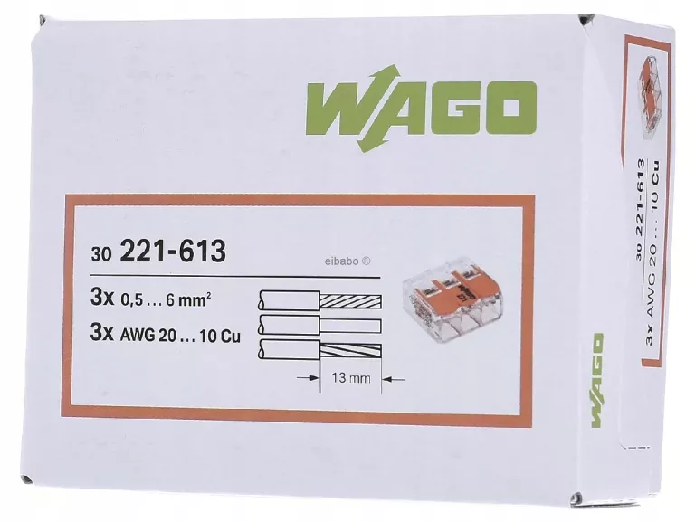 WAGO COMPACT 221-613 SZYBKOZŁĄCZKA 3X 0,5-6,0MM2 UNIWERSALNA 30 SZT