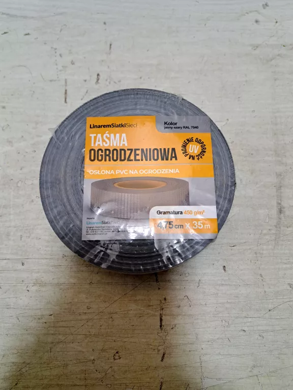 LINAREM SIATKISIECI TAŚMA OGRODZENIOWA SZARA WĄSKA 4,75X35M+KLIPSY