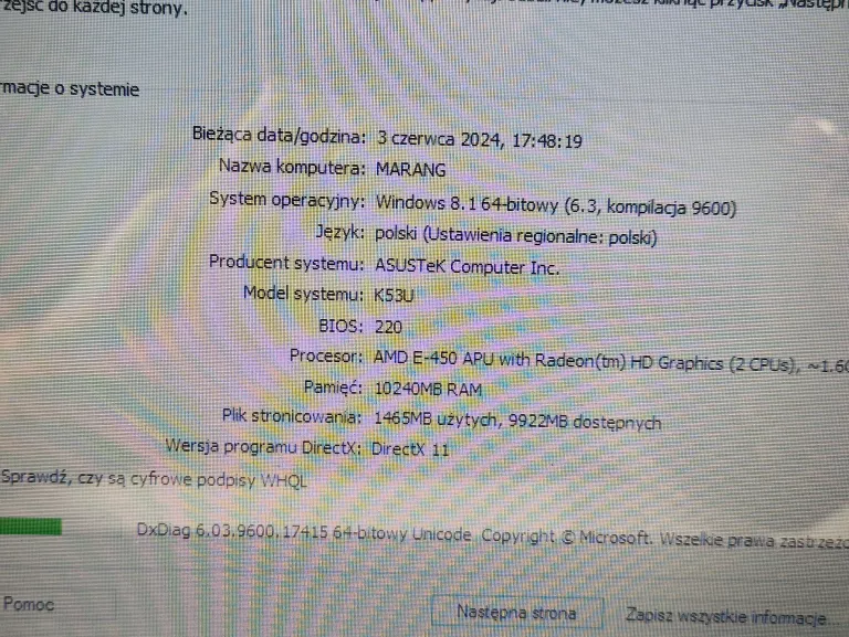LAPTOP ASUS K53U PROCESOR AMD E-450 RADEON HD 6320 120SSD 10GBRAM/Ł