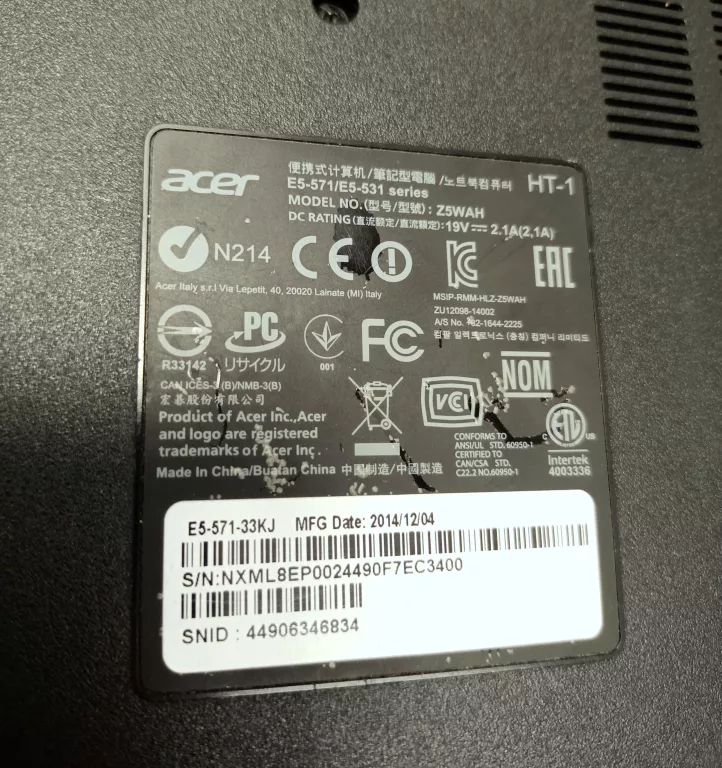 LAPTOP ACER Z5WAH INTEL CORE I3 RAM 4GB USZKODZONY