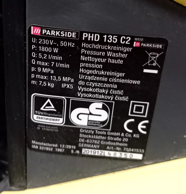 parkside-myjka-cisnieniowa-1800-w-135-bar-opis-stan-uszkodzony
