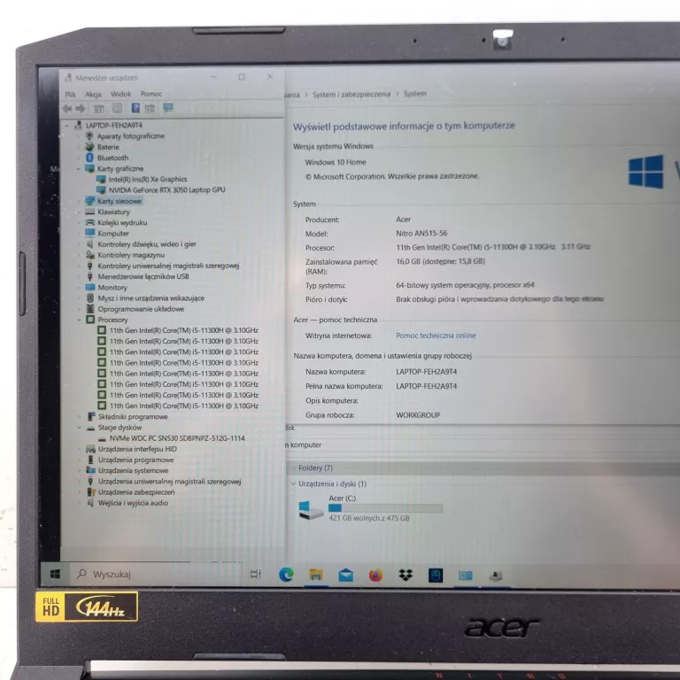 LAPTOP ACER NITRO 5 16GB RAM / I5 11TH / RTX 3050 / AN515-56-52H8 +ZASILAC