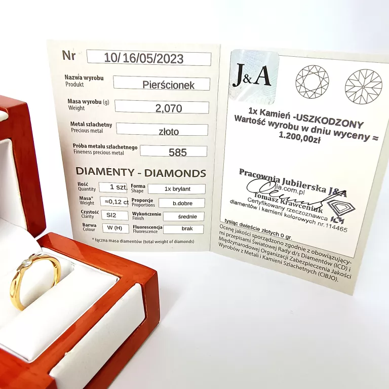ZŁOTY PIERŚCIONEK Z BRYLANTEM (585) 2,07G R.12 WYCENA:1200ZŁ
