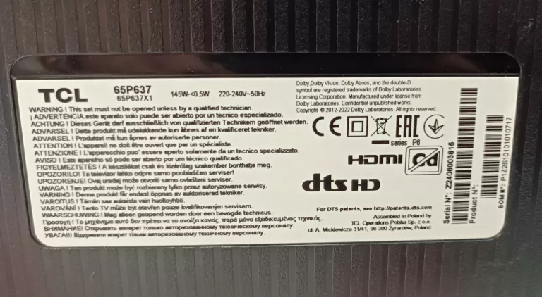 TELEWIZOR LED TCL 65P637 65" 4K UHD CZARNY KOMPLET GW!