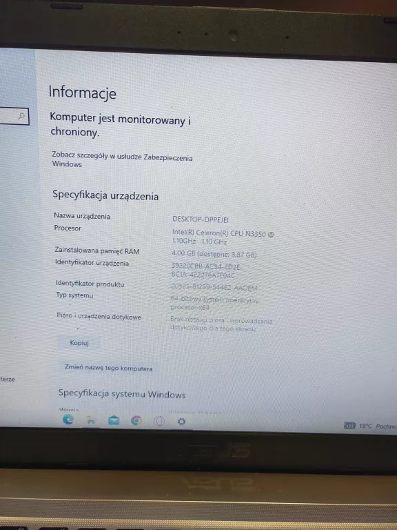 LAPTOP ASUS VIVOBOOK X540NA WIN10 4/240GB SSD/ CPU N3350+ŁAD