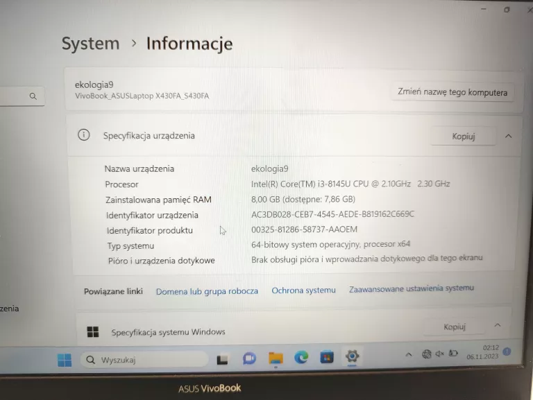 LAPTOP ASUS VIVOBOOK S14 I3 8/256GB + ZASILACZ