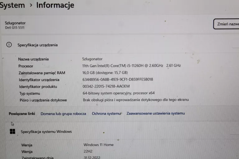 LAPTOP DELL 5511-6373 15,6 " INTEL CORE I5 16 GB / 512 GB SZARY