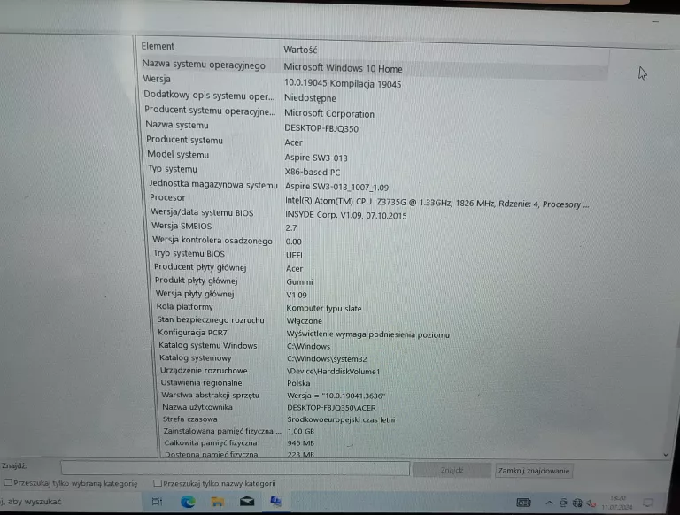 ACER ASPIRE SWITCH 10 SW3-013 INTEL ATOM Z3735 1GB RAM