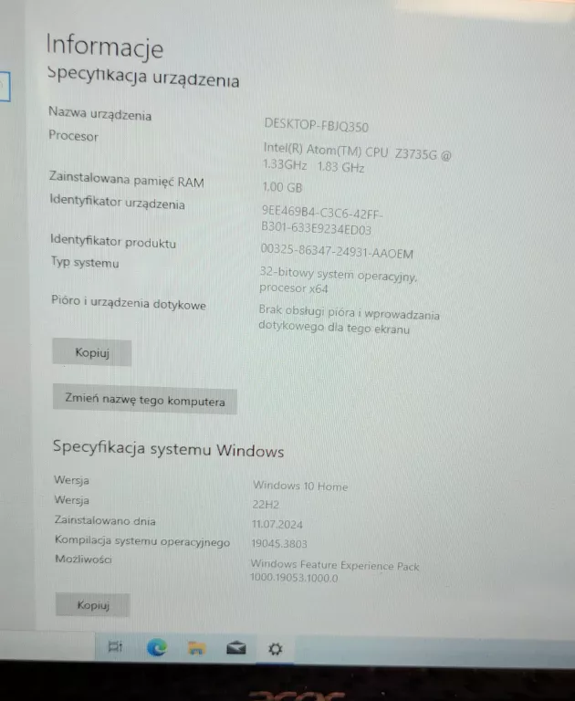 ACER ASPIRE SWITCH 10 SW3-013 INTEL ATOM Z3735 1GB RAM