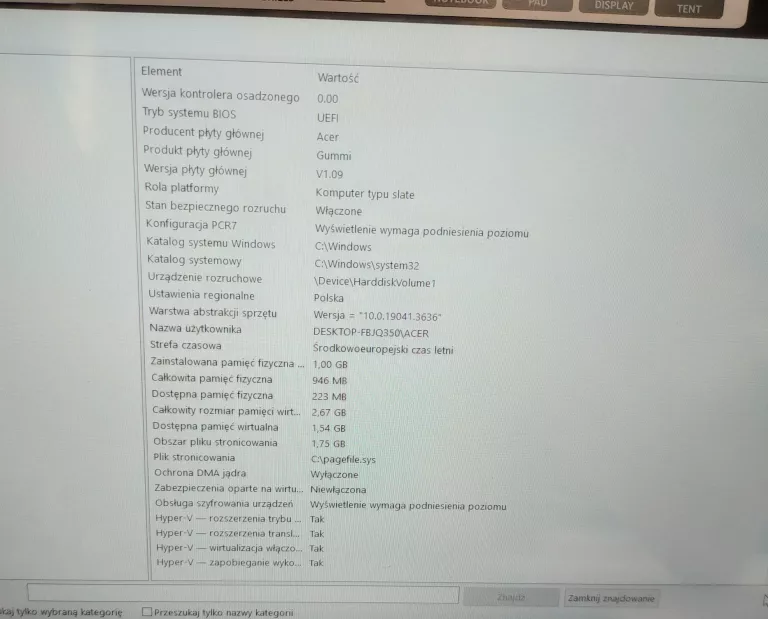 ACER ASPIRE SWITCH 10 SW3-013 INTEL ATOM Z3735 1GB RAM
