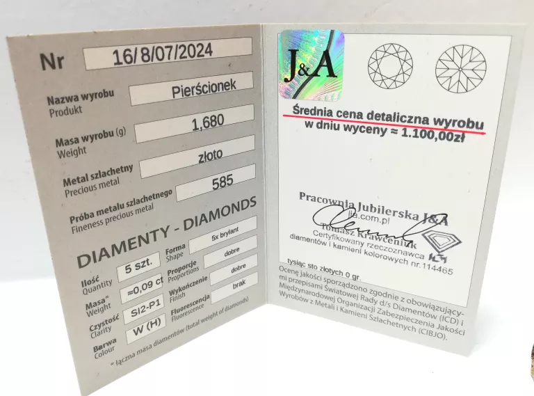 ZŁOTY PIERŚCIONEK Z BRYLANTAMI  585  1,67GR R13