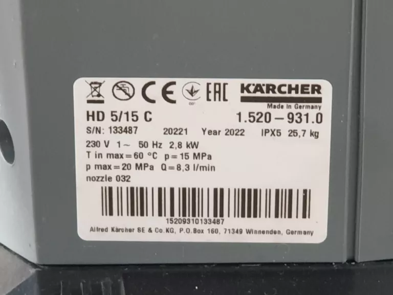 MYJKA CIŚNIENIOWA KARCHER HD5/15C PROFESSIONAL 1.520-931-0 2800W 2022R