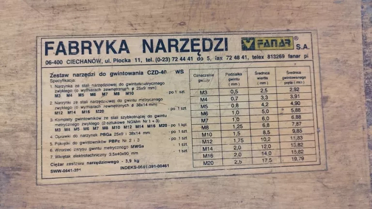 ZESTAW NARZĘDZI DO GWINTOWANIA CZD-40 HSS - FANAR