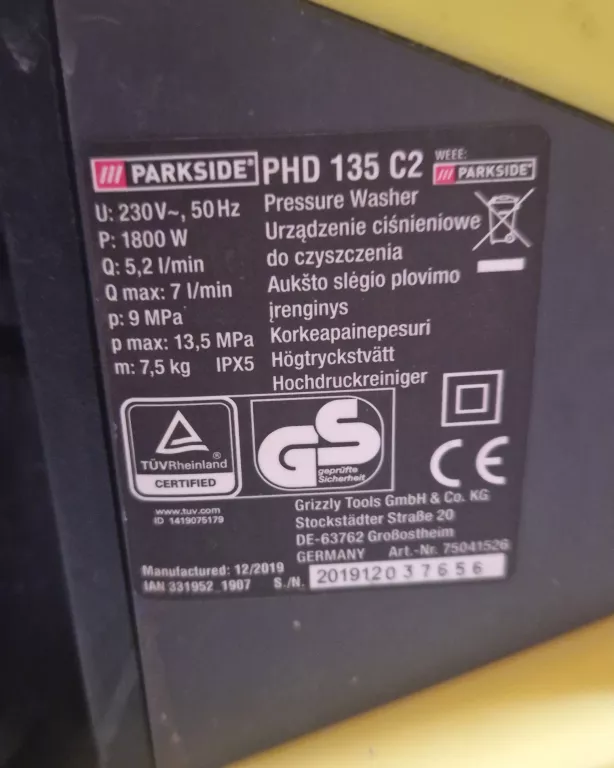 MYJKA CIŚNIENIOWA PARKSIDE PHD 135 C2