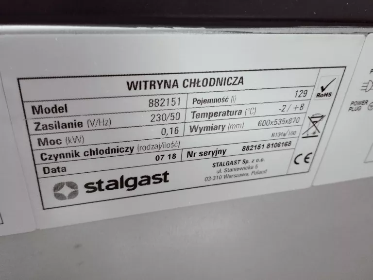 SZAFA CHŁODNICZA PRZESZKLONA STALGAST 882151 S-60 CM