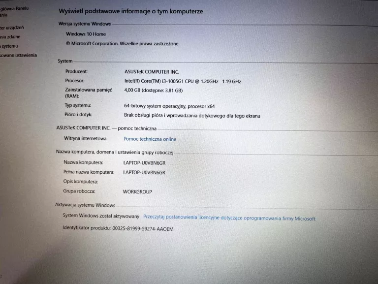 LAPTOP ASUS A509JA 15,6 " INTEL CORE I3 4 GB / 256 GB