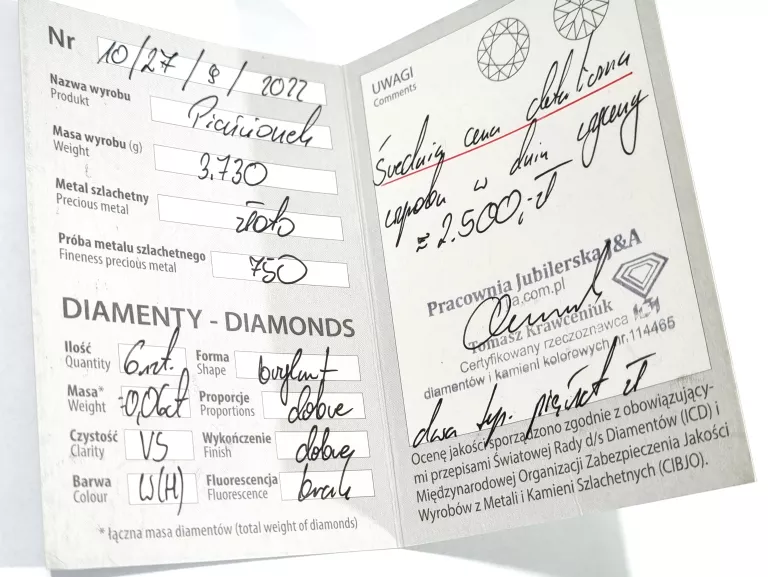 ZŁOTY PIERŚCIONEK Z 6 BRYLANTAMI 0,06CT PRÓBY 750/3,73G R.14