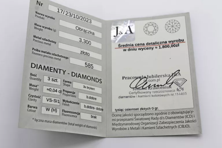 ZŁOTA OBRĄCZKA 3 BRYLANTY PR 585 ROZM 14 CERTYFIKAT