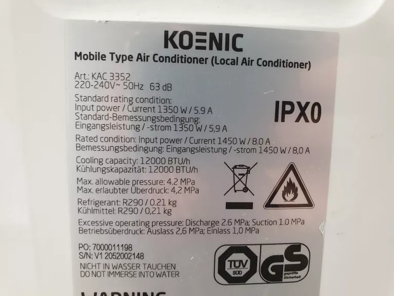 KLIMATYZATOR KOENIC KAC 3352 BIAŁY 3.5 KW