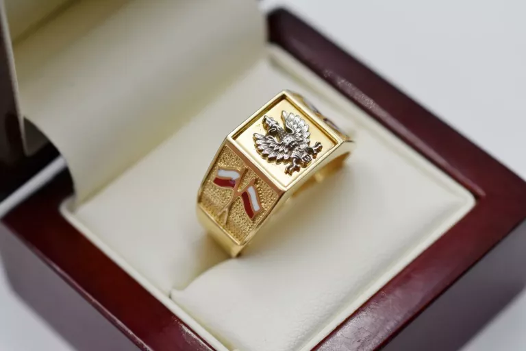 WYJĄTKOWY ZŁOTY SYGNET Z ORŁEM I FLAGAMI 585 9,63G R27